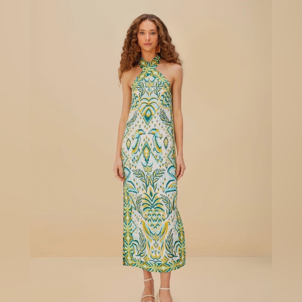 FARM RIO TROPICAL TAPESTRY OFF-WHITE HALTER NECK MAXI DRESS, XXSMALL, $248